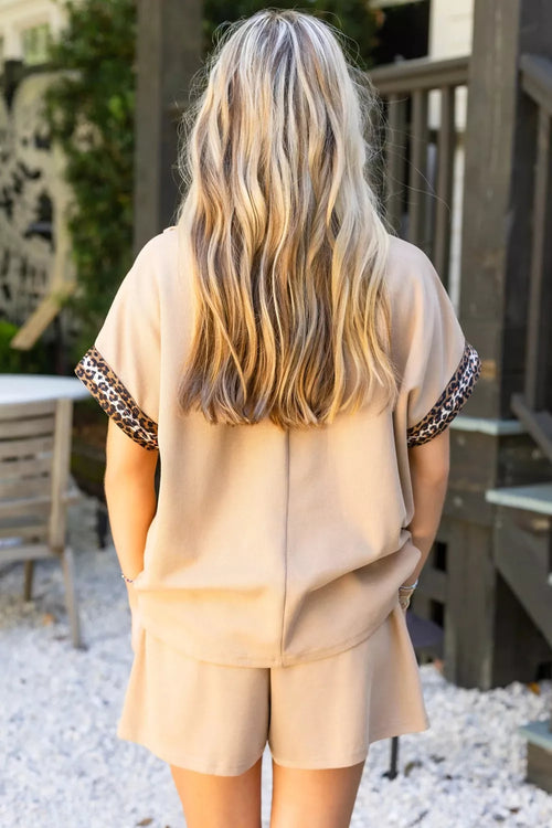 Hazel Blues® |  Leopard Trim Zipped Short Sleeve Casual Set