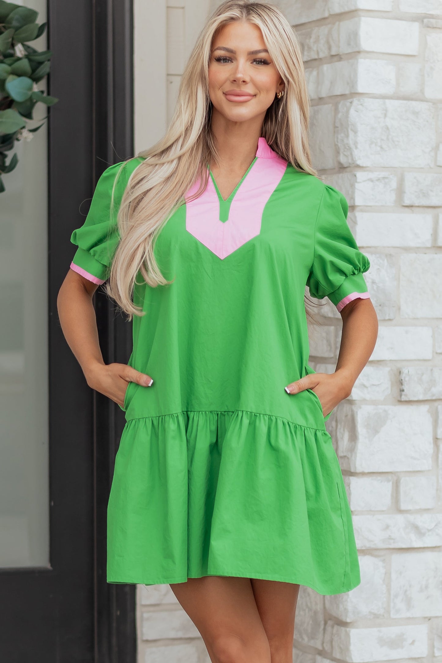 Hazel Blues® |  Bright Green Color Block Detail Split Neck Short Puff Sleeve Ruffle Hem Mini Dress