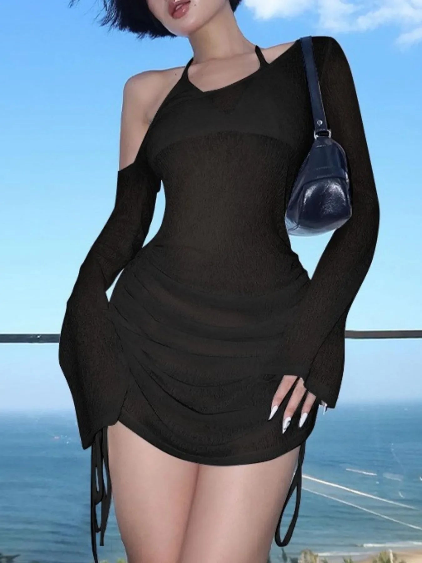 Hazel Blues® | One-Shoulder Bell Sleeve Ruched Mini Cover-Up Dress