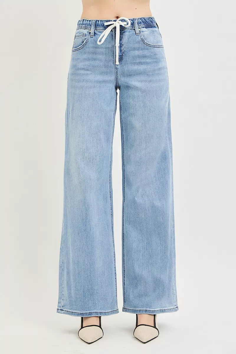 Hazel Blues® |  RISEN Elastic Band Slouchy Wide Jeans with Drawstring