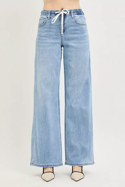 Hazel Blues® |  RISEN Elastic Band Slouchy Wide Jeans with Drawstring