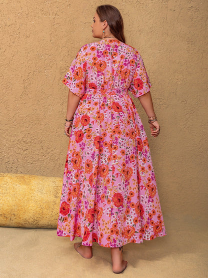 Hazel Blues® | Slit Floral V-Neck Half Sleeve Maxi Dress