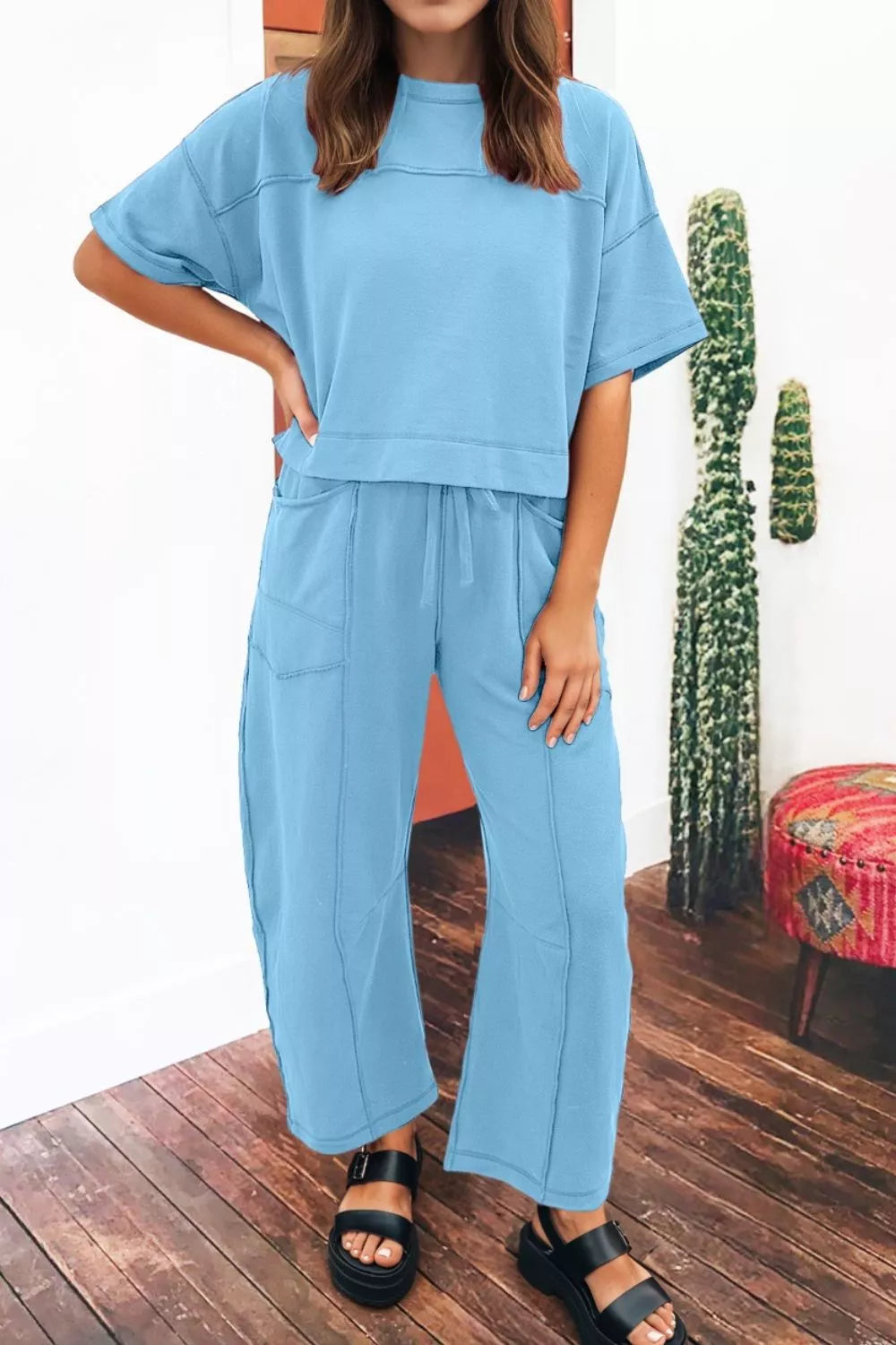 Hazel Blues® |  Drop Shoulder Boxy Tee and Barrel Pants Set