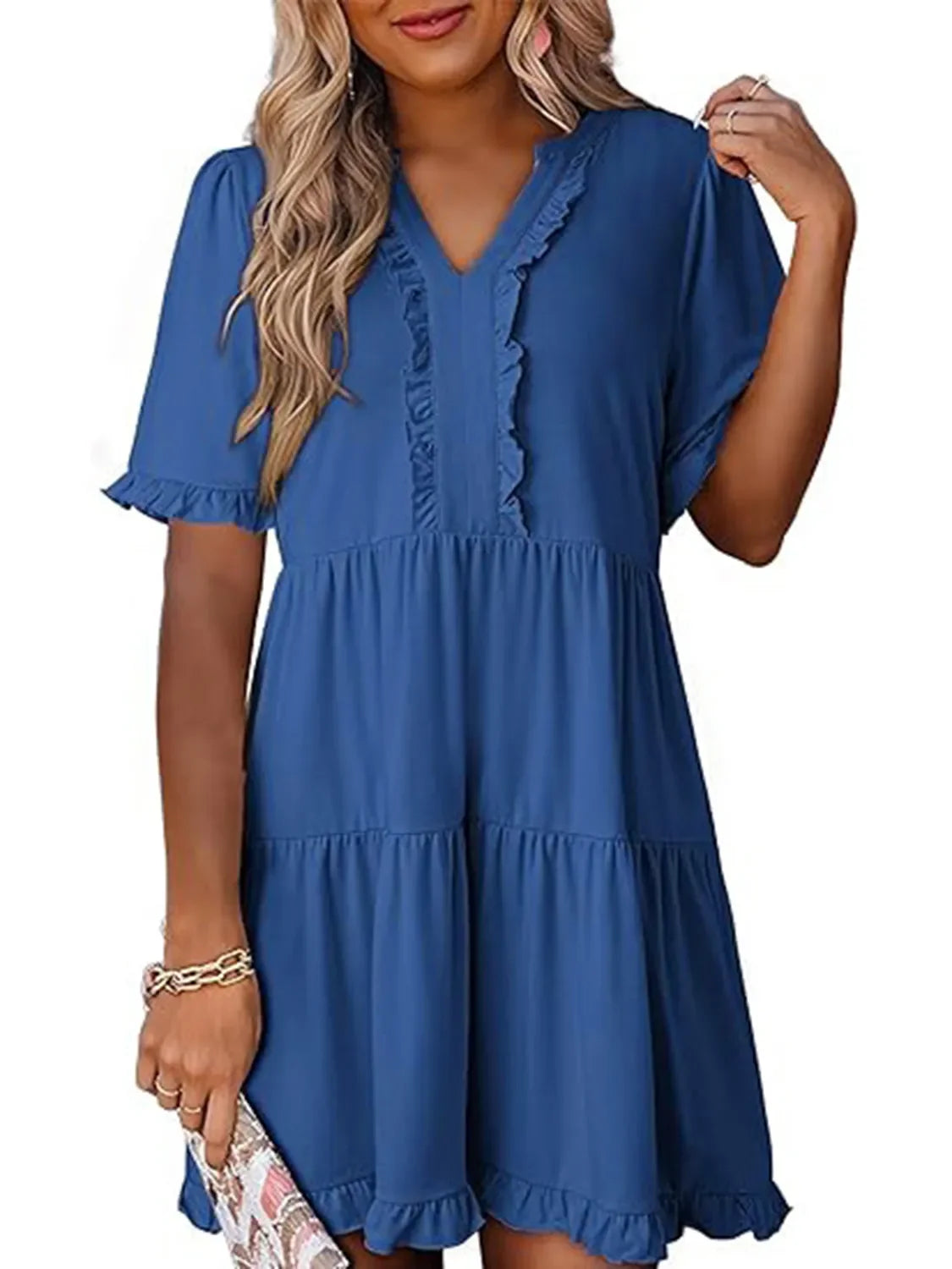 Hazel Blues® |  Tiered Notched Short Sleeve Mini Dress