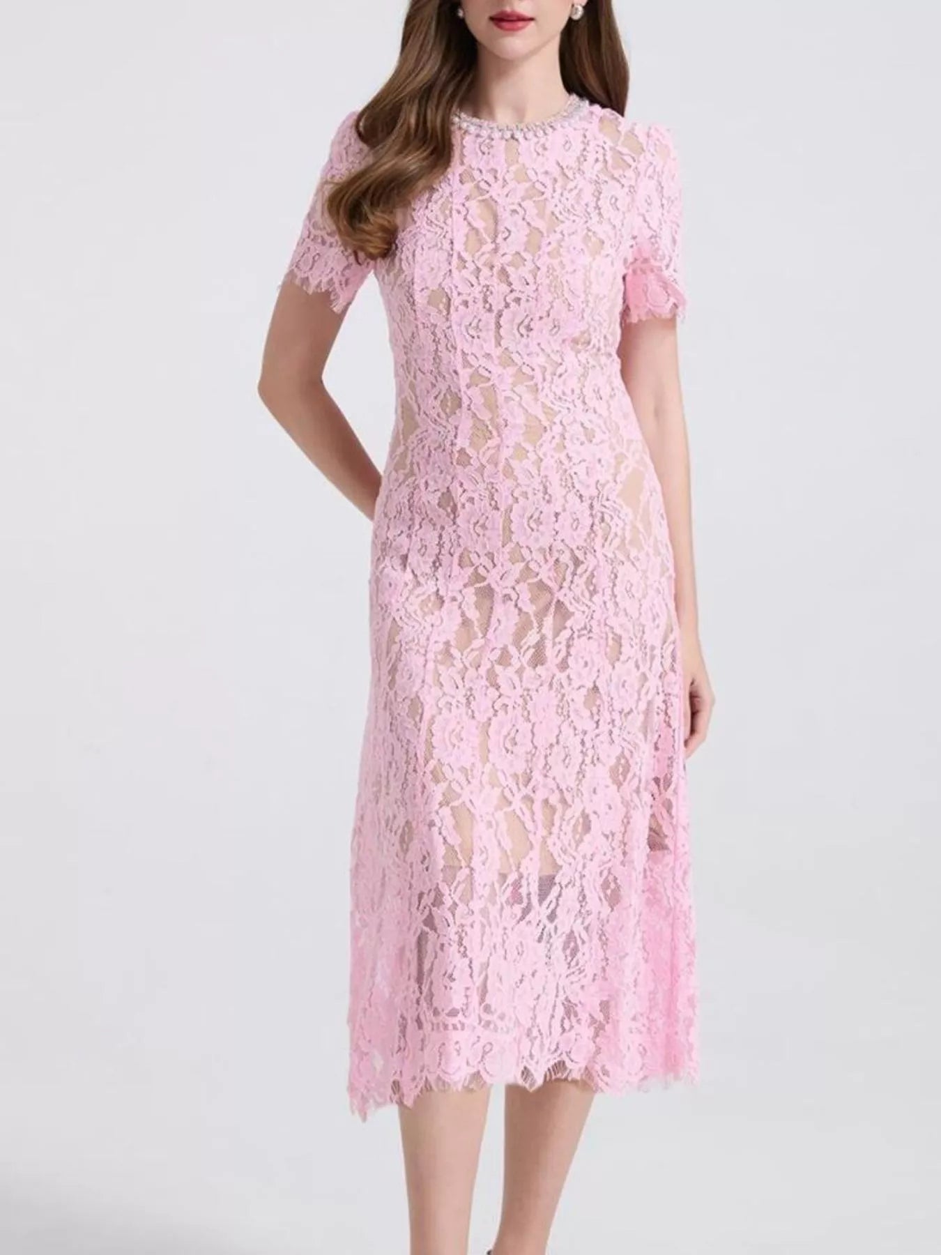 Hazel Blues® |  Lace Pearl Neckline Midi Dress