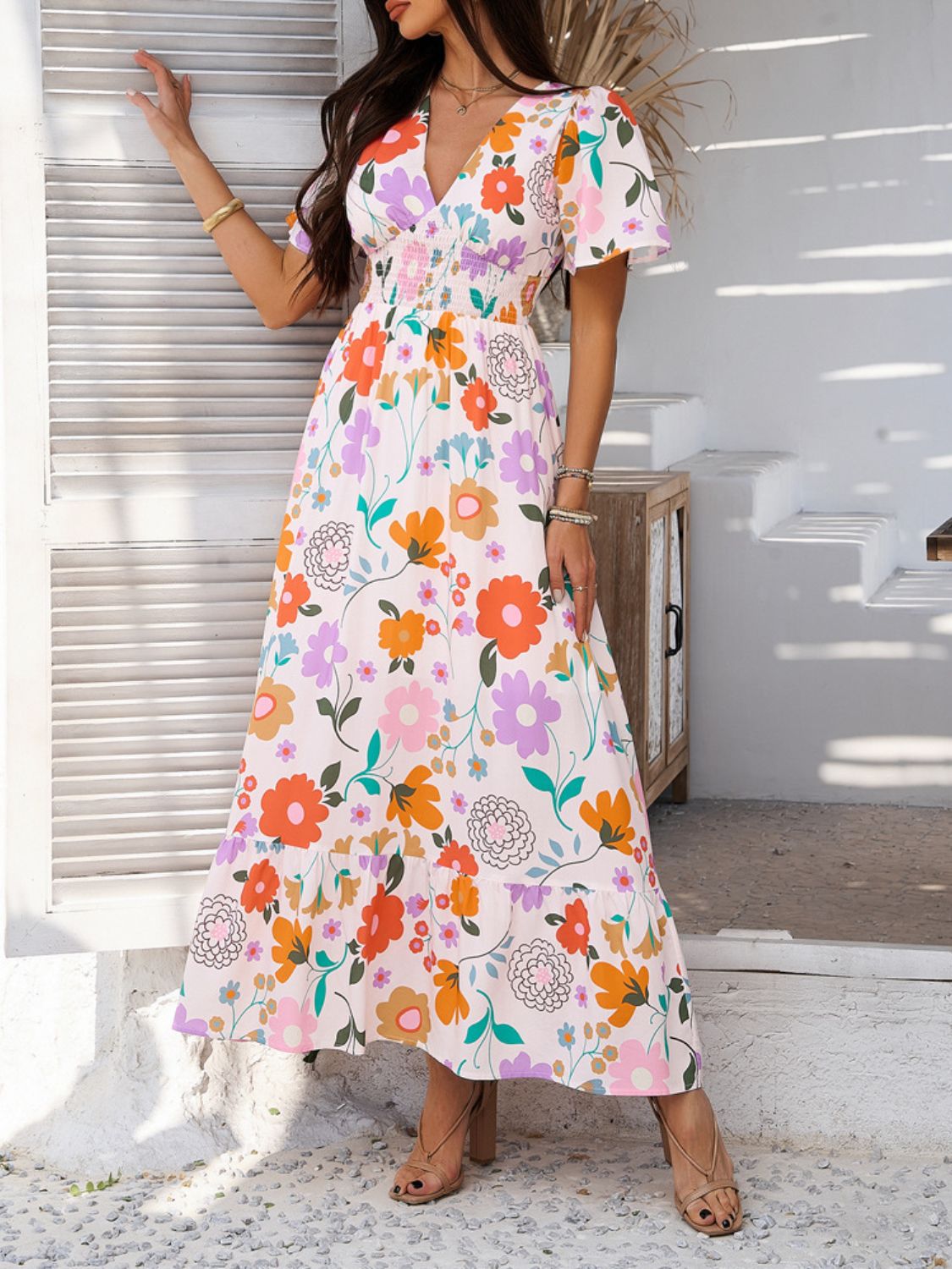 Hazel Blues® |  Devine Smocked Printed V-Neck Short Sleeve Maxi Dress