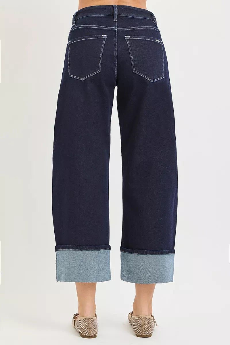 Hazel Blues® |  RISEN Slouchy Crop Barrel Cuffed Hem Jeans