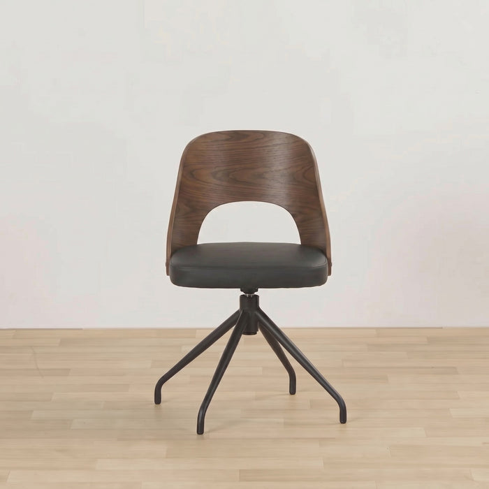 Adoni Swivel Dining Chair - Walnut/Black with curved walnut-look back, black seat and five-star swivel base
