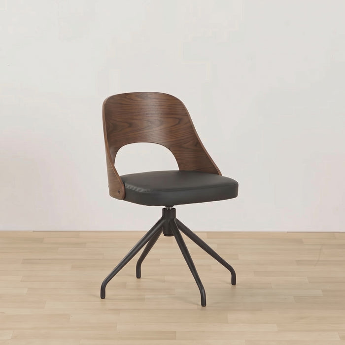 Adoni Swivel Dining Chair - Walnut/Black with curved walnut-look back, black seat and four-leg swivel base