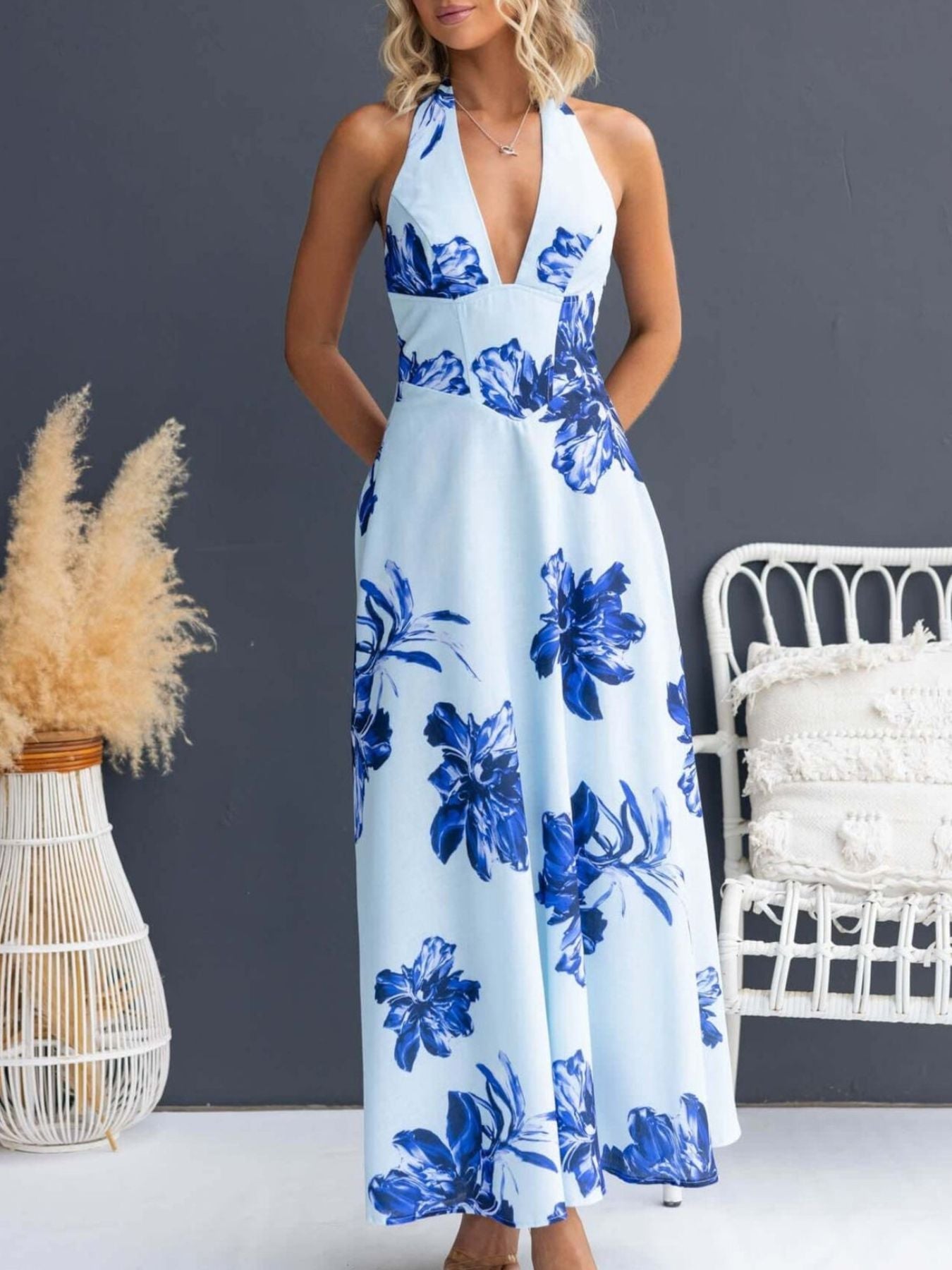 Hazel Blues® |  Floral Print Halter Neck Maxi Dress