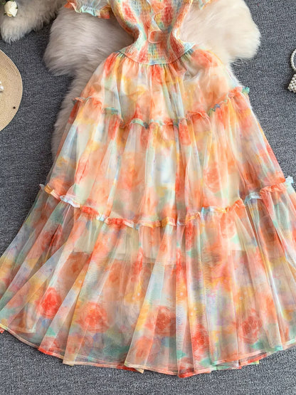 Hazel Blues® |  Smocked Floral Tiered Mesh Midi Dress