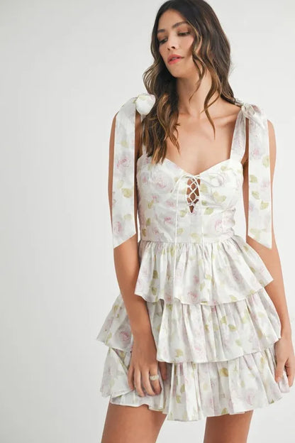 Hazel Blues® |  MABLE Floral Print Shoulder Tie Layered Mini Dress