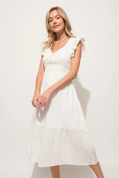 Hazel Blues® |  And The Why Ruffle Sleeve Front Smocked Tiered Midi Dress