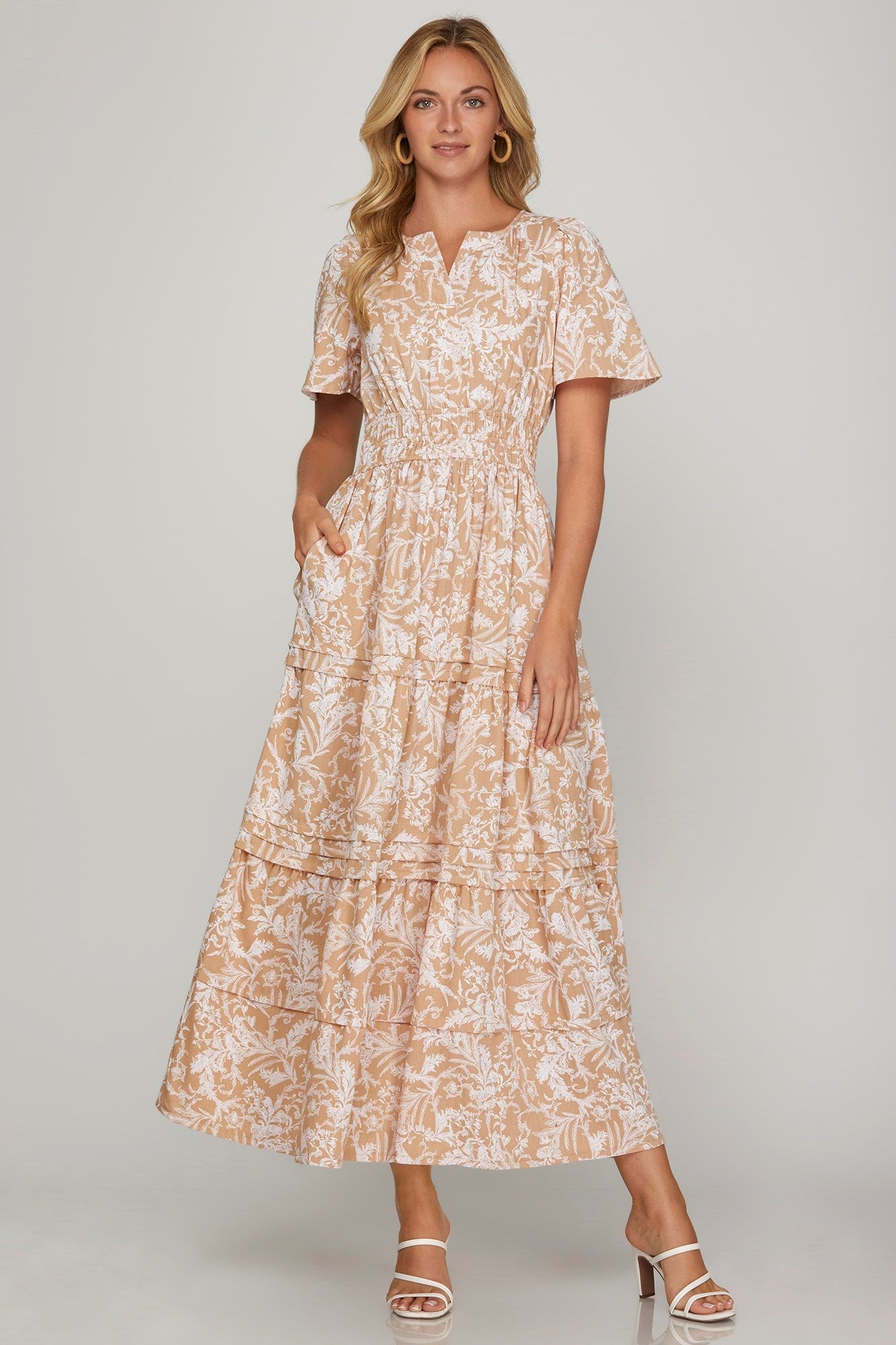 Hazel Blues® |  She + Sky Printed Notched Woven Tiered Pintuck Maxi Dress with Side Pockets
