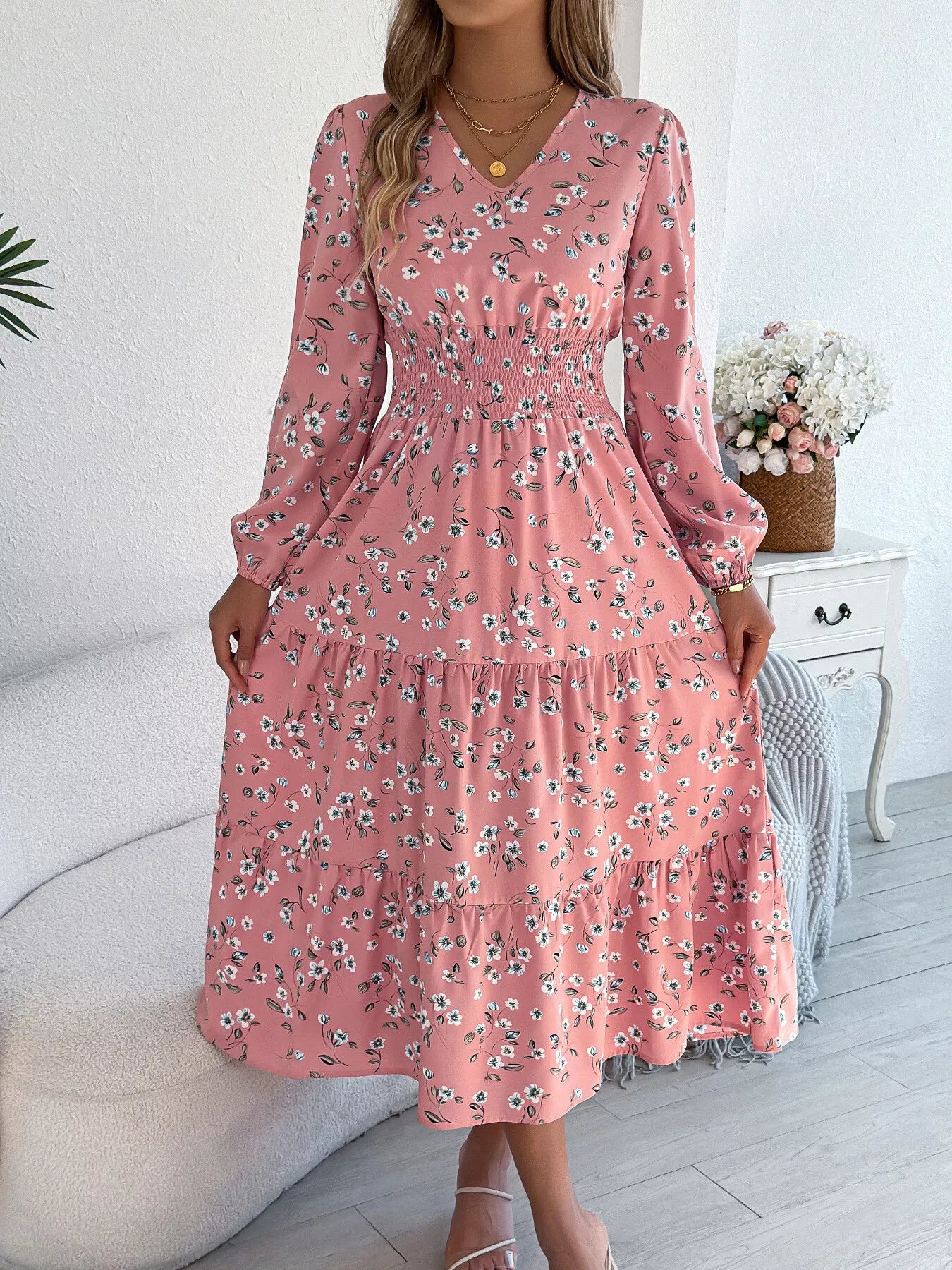 Hazel Blues® |  Floral Print Long Sleeve V-Neck Midi Dress