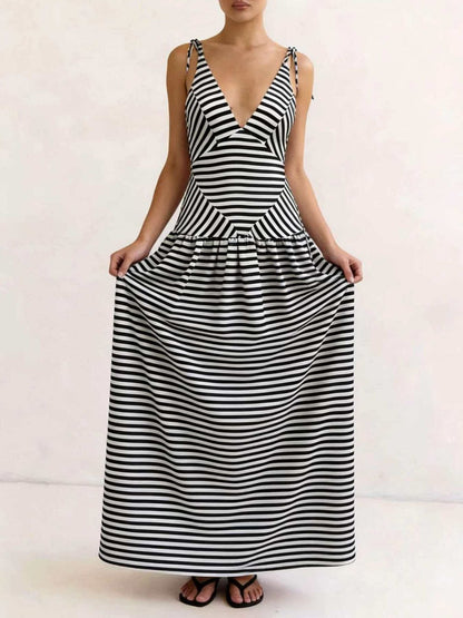 Hazel Blues® |  Striped V-Neck Tie-Shoulder Maxi Dress