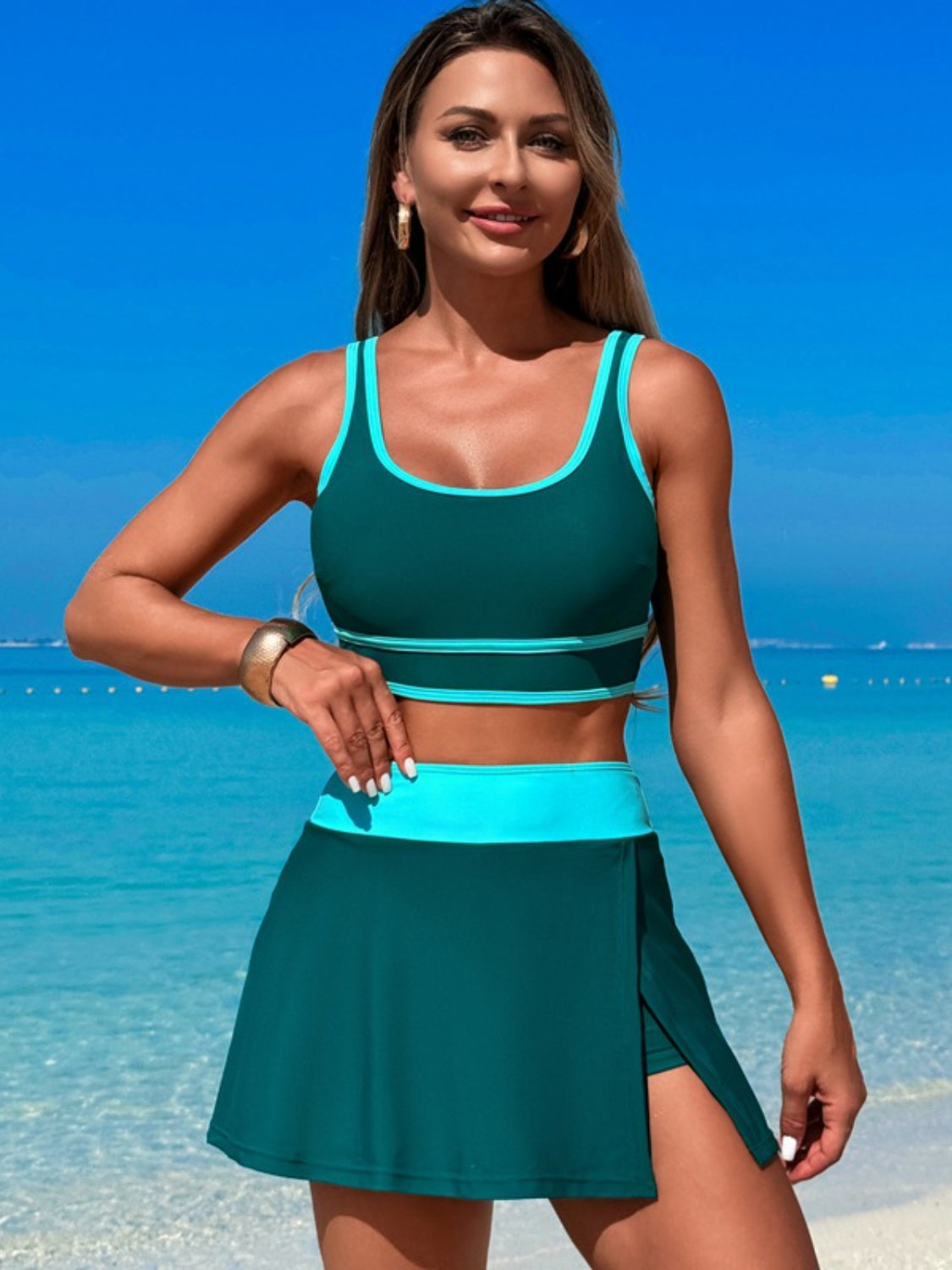 Hazel Blues® | Scoop Neck Top and Skort Swim Set