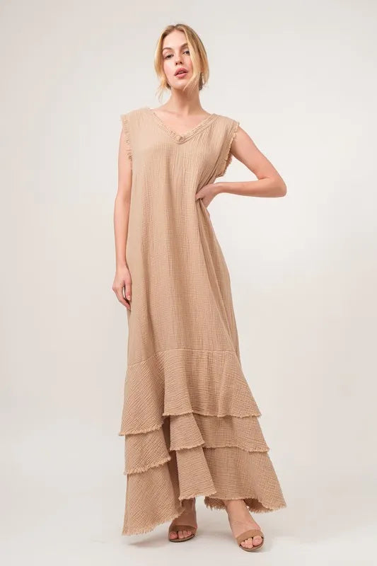 Hazel Blues® |  And The Why Washed Cotton Gauze Fringe Detail Tiered Dress