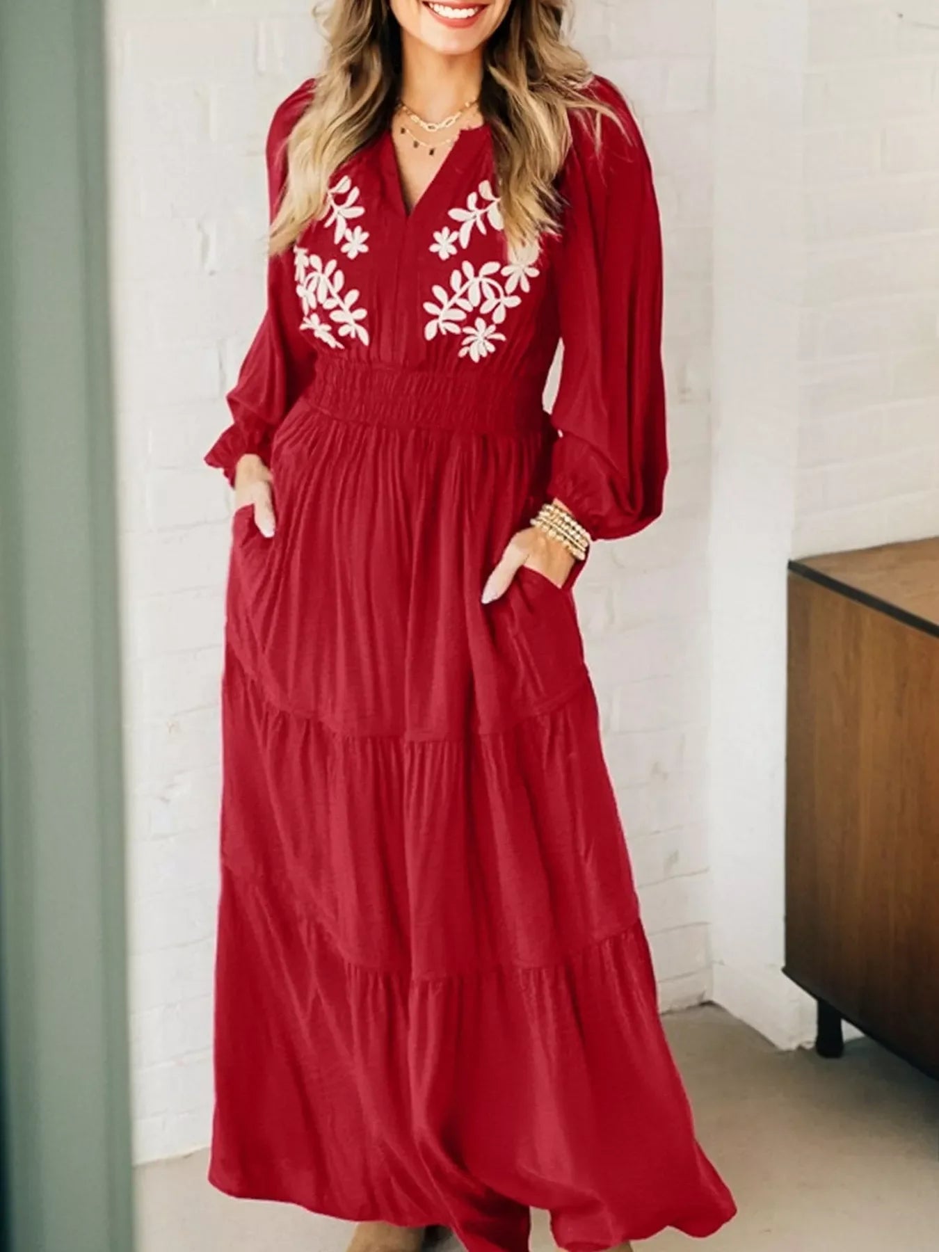 Hazel Blues® |  Contrast Embroidered Detail Cinched Waist Tiered Long Sleeve Maxi Dress