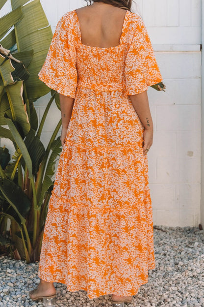 Hazel Blues® |  Floral Print Smocked V Neck Wide Sleeve Maxi Dress