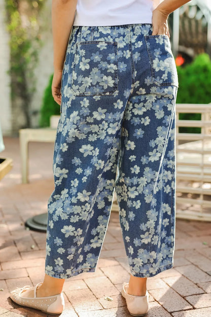 Hazel Blues® |  Dainty Floral Printed Drawstring Barrel Jeans