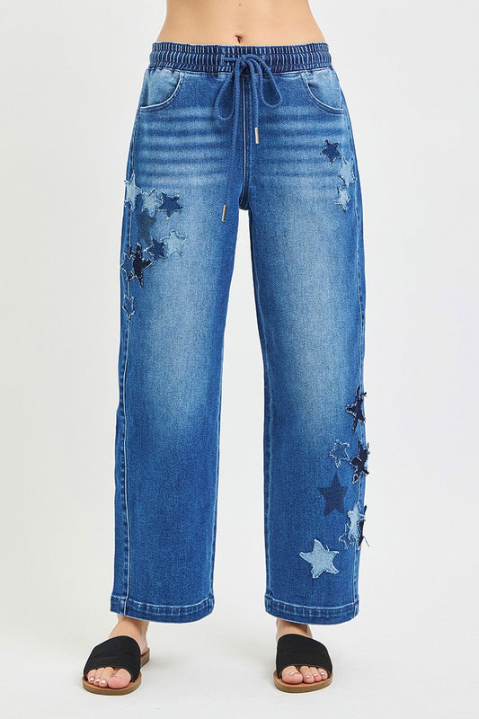 Hazel Blues® |  RISEN Elastic Band Slouchy Cropped Barrel with Star Patch