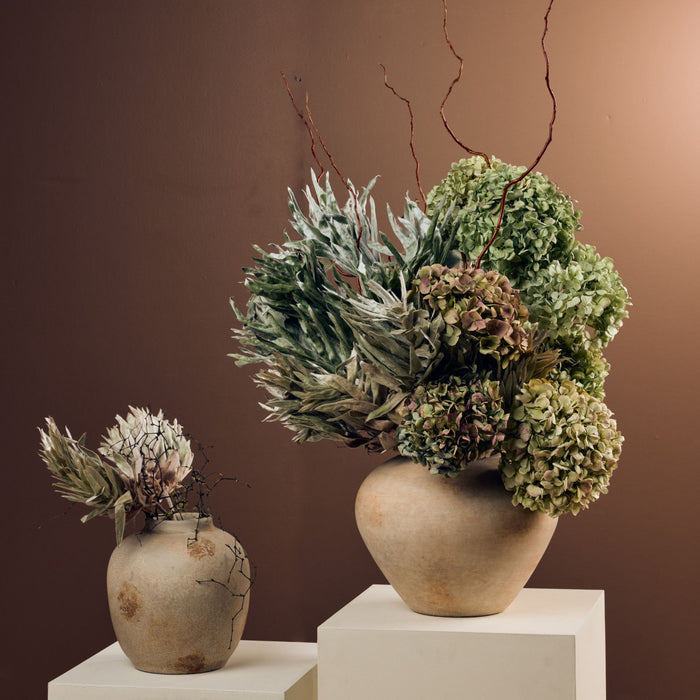 Antique Regular Ornament - Rustic, earthy multi-toned handcrafted ornament styled with dried florals on a pedestal