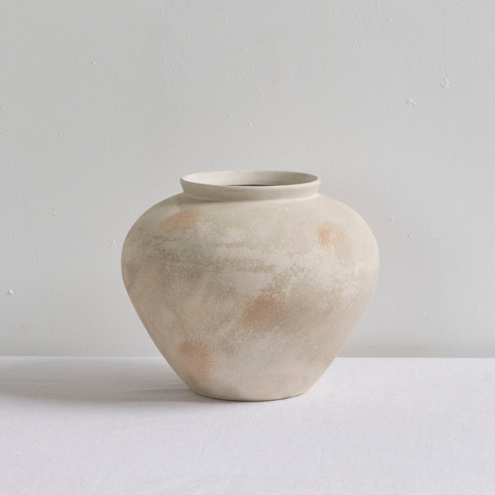 Antique Wide Ornament - Rustic, wide handcrafted decorative vessel with an earthy multi-toned finish and rounded silhouette