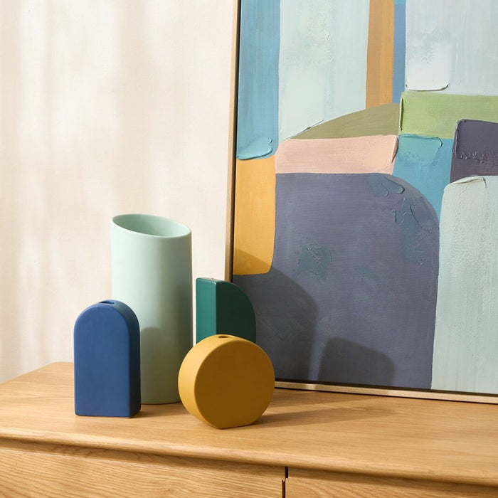 Arch Vase - Blue, sculptural blue ceramic vase styled on a timber console with contemporary décor