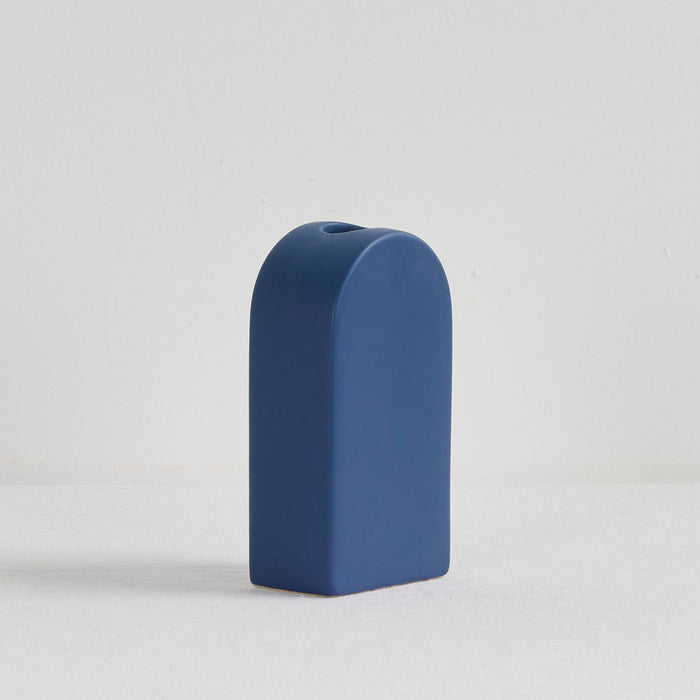Arch Vase - Blue, sculptural blue ceramic vase with a curved arch form and narrow opening