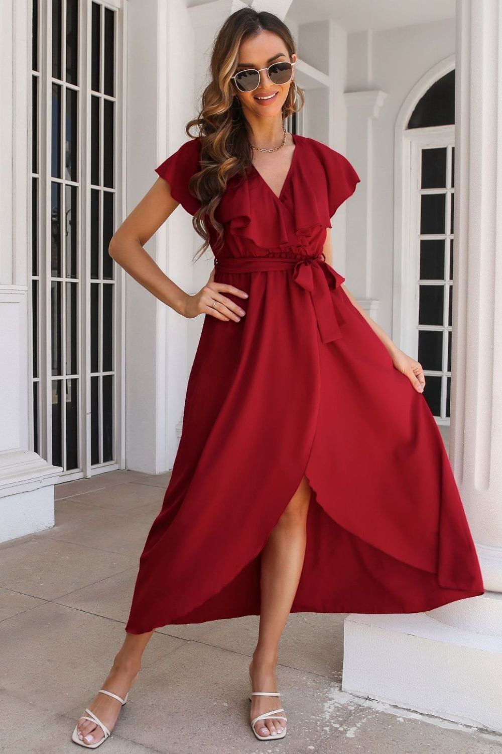 Hazel Blues® |  Tied Front Ruffled Short Sleeve Midi Dress