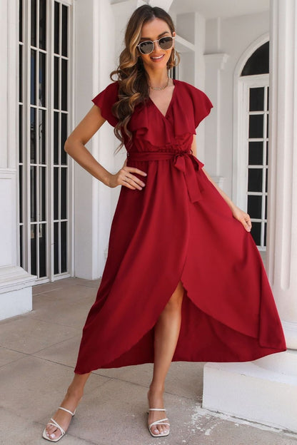 Hazel Blues® |  Tied Front Ruffled Short Sleeve Midi Dress