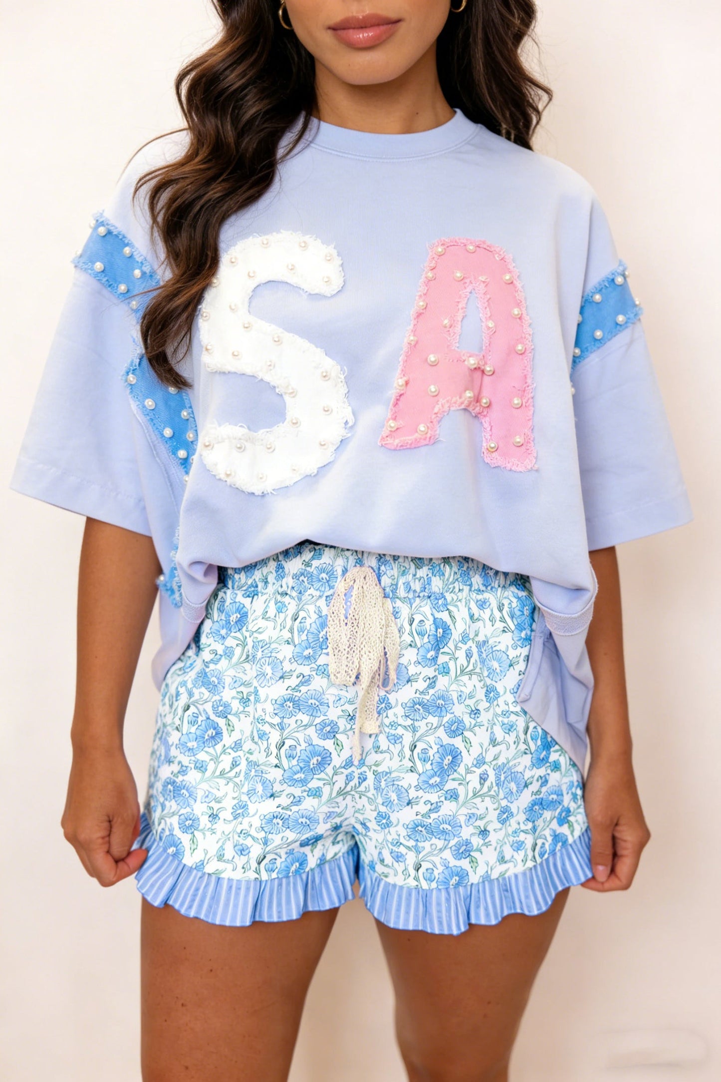 Hazel Blues® |  Sky Blue Summer Floral Striped Ruffle Hem Lace Tie Shorts