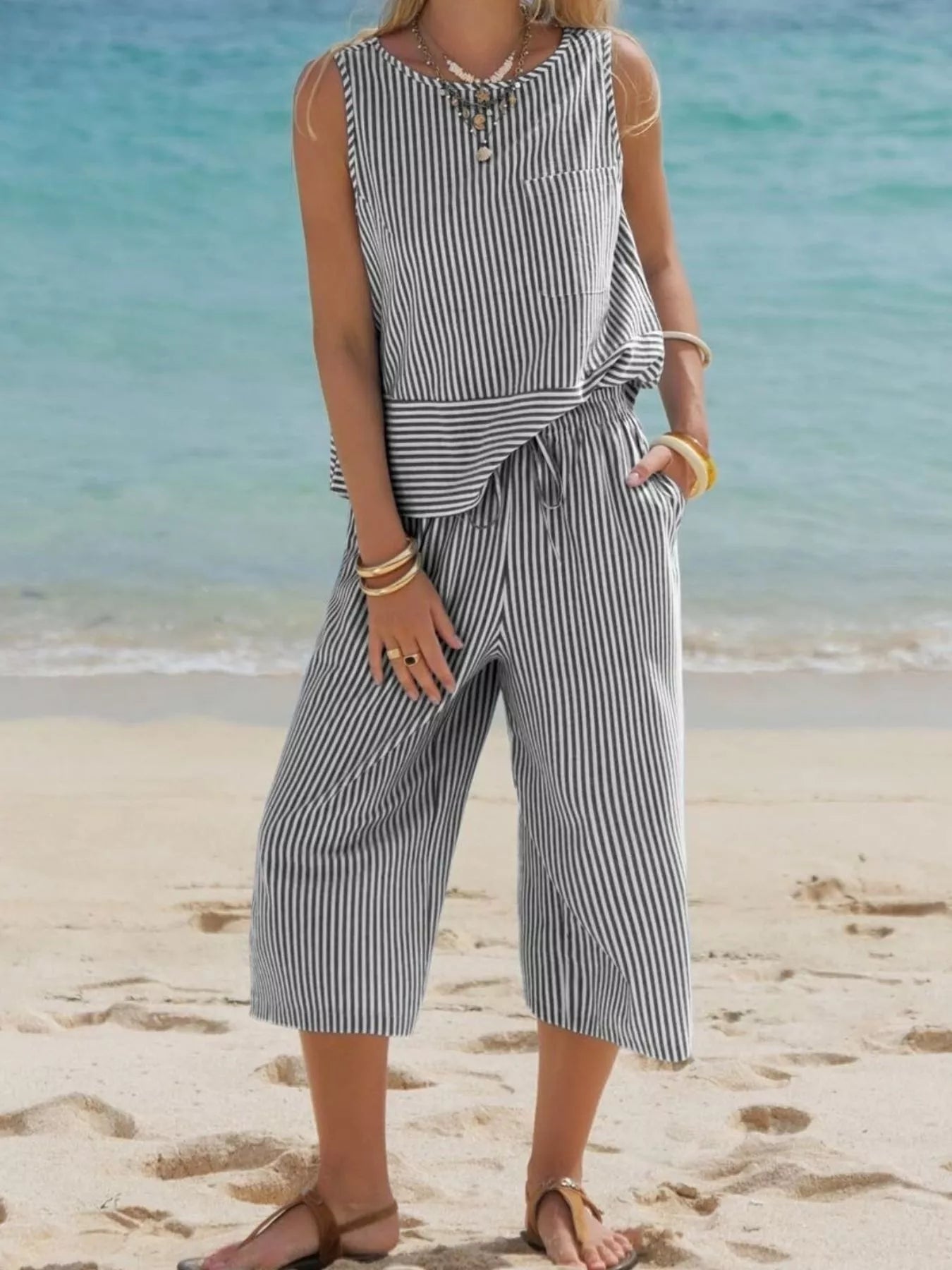 Hazel Blues® |  Striped Sleeveless Top and Cropped Pants Set