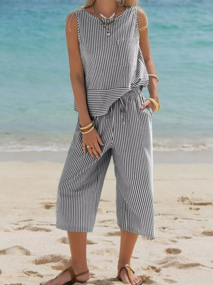 Hazel Blues® |  Striped Sleeveless Top and Cropped Pants Set