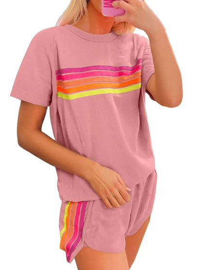Hazel Blues® |  Rainbow Striped Round Neck Top and Shorts Set