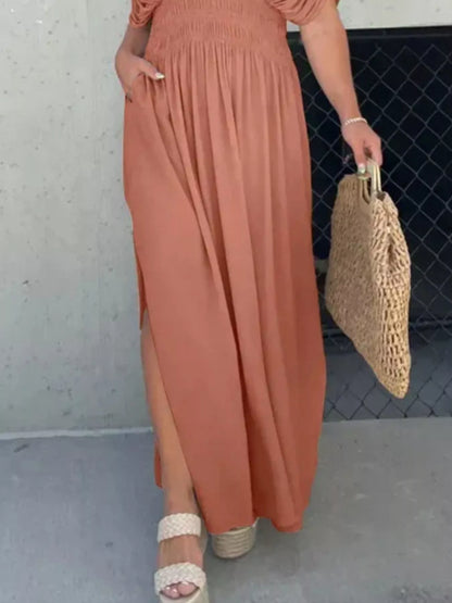 Hazel Blues® | Slit V-Neck Smocked Waist Maxi Dress