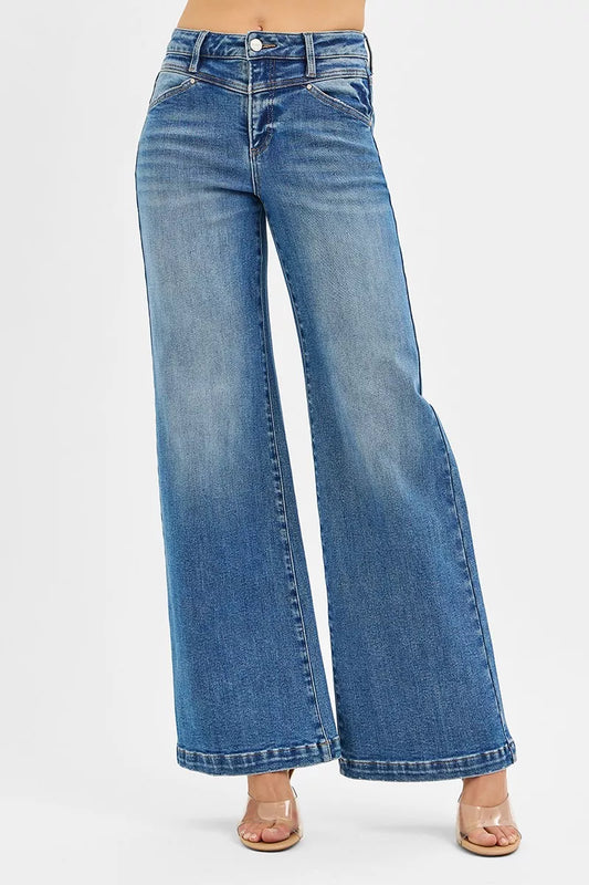 Hazel Blues® |  RISEN High Rise Wide Leg Jenas with Front Yoke and Heart Back Pocket