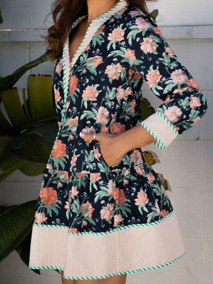 Hazel Blues® |  Floral Print Striped Trim V Neck Long Sleeve Ruffle Hem Shift Mini Dress