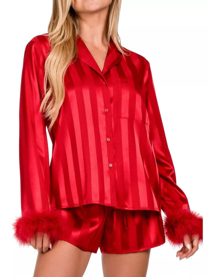 Hazel Blues® |  Striped Feather Trim Shirt and Shorts Lounge Set