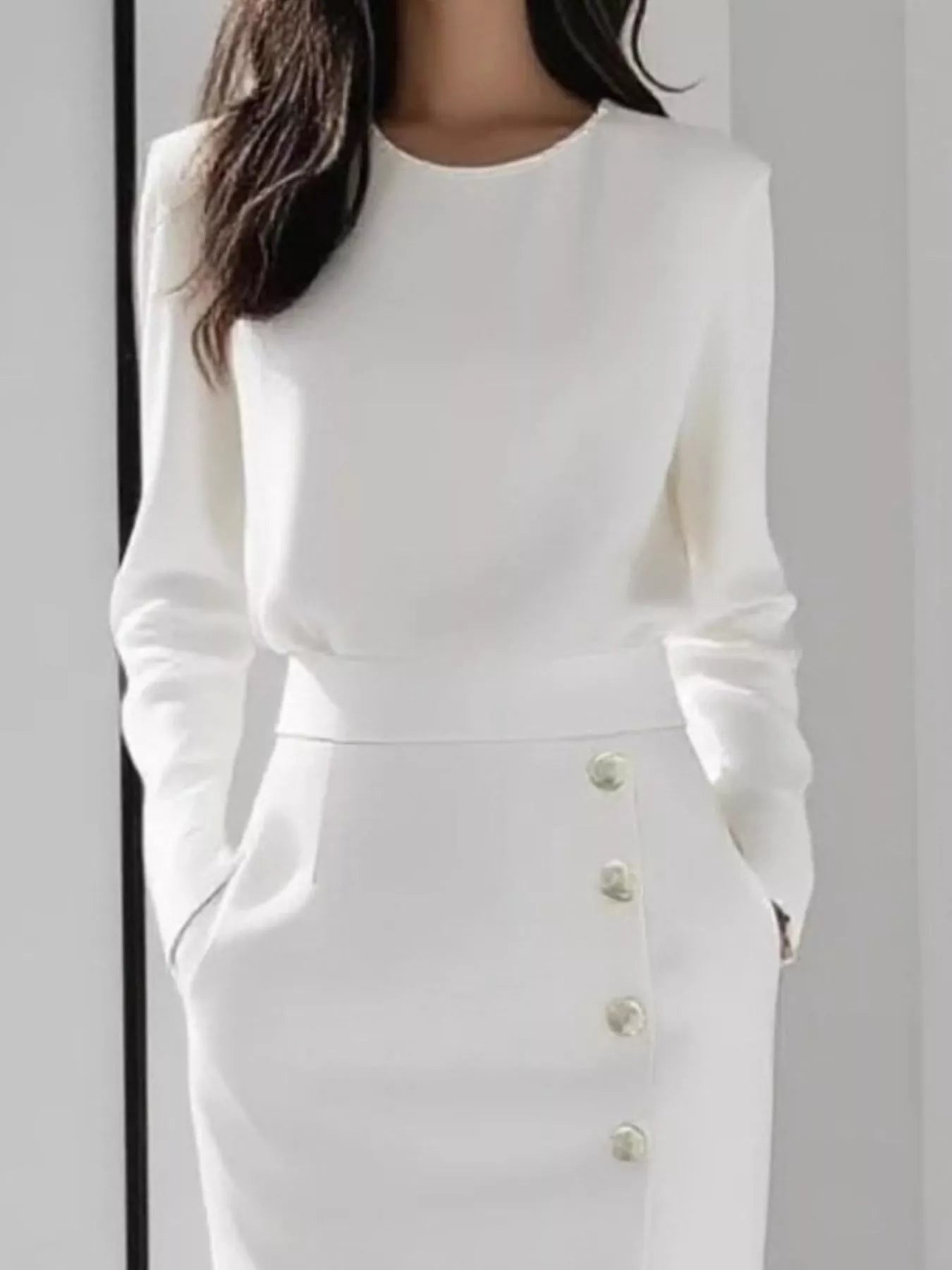Hazel Blues® |  Long Sleeve Button Detail Midi Dress with Side Slit