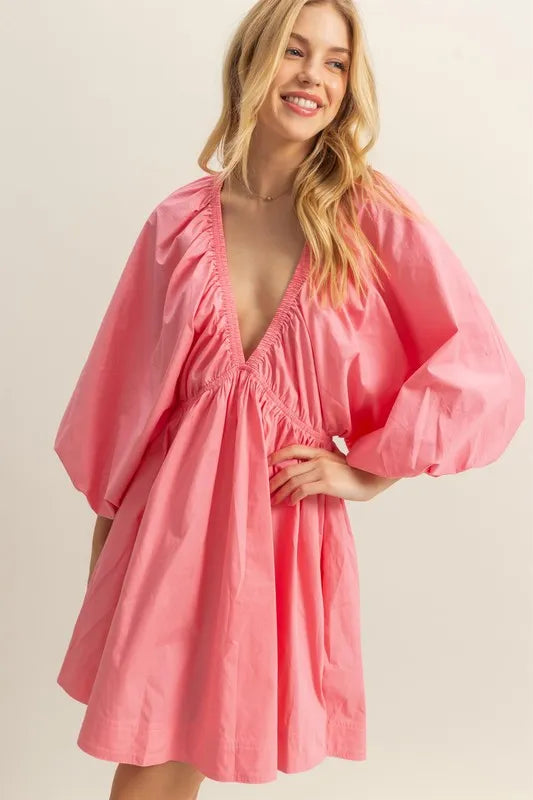 Hazel Blues® |  HYFVE Plunge Balloon Sleeve Poplin Mini Dress with Pockets
