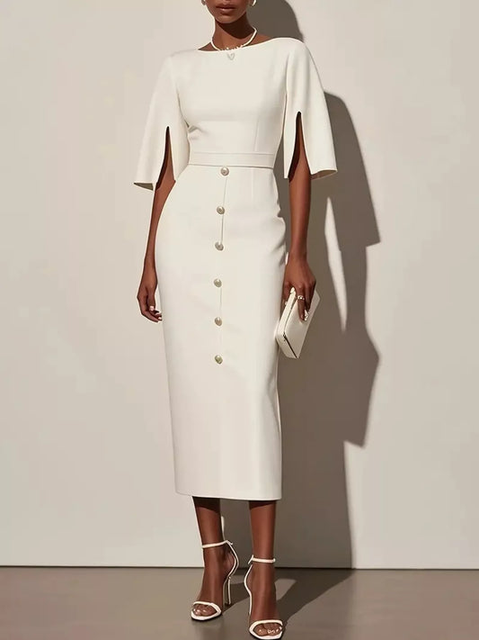 Hazel Blues® |  Slit Sleeve Midi Dress with Decorative Button