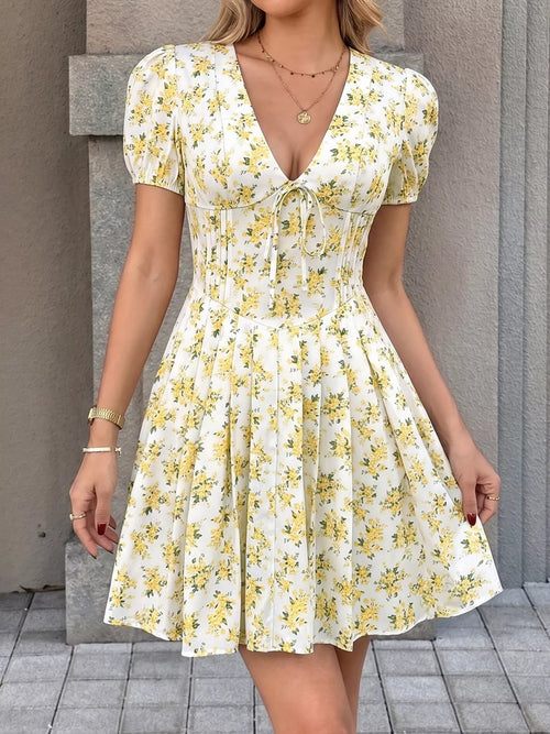 Hazel Blues® |  Floral Print V-Neck Puff Sleeve Mini Dress