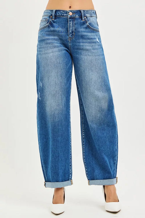 Hazel Blues® | RISEN Mid Rise Barrel Double Roll Up Jeans