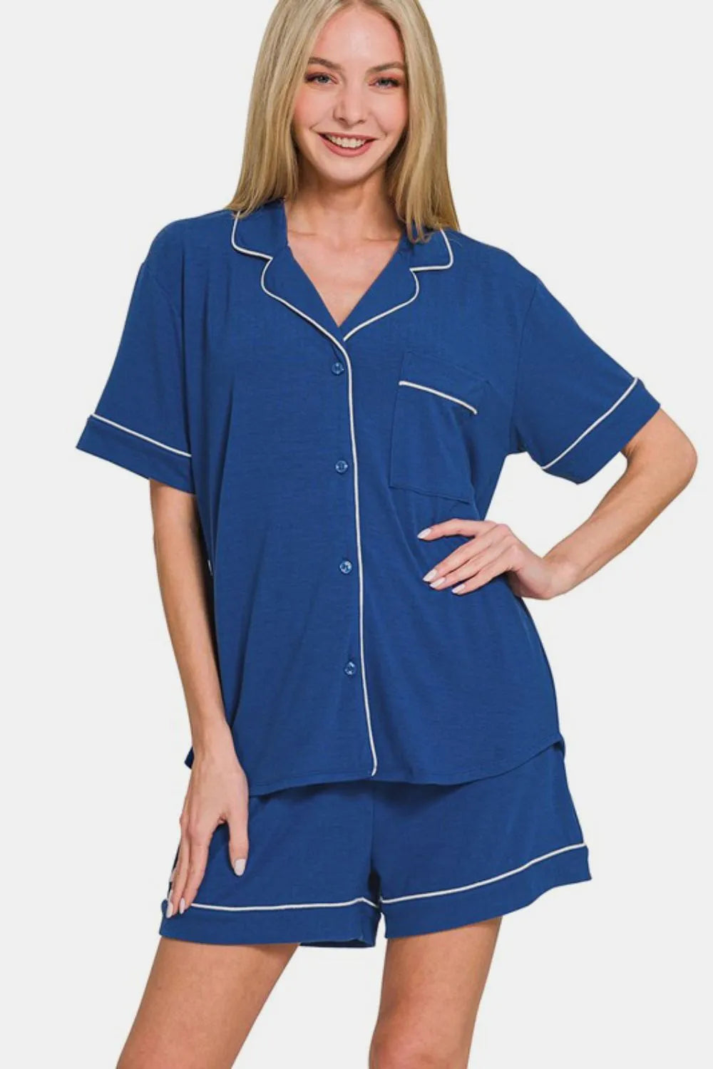 Hazel Blues® |  Zenana Button Down Short Sleeve Top and Shorts Lounge Set