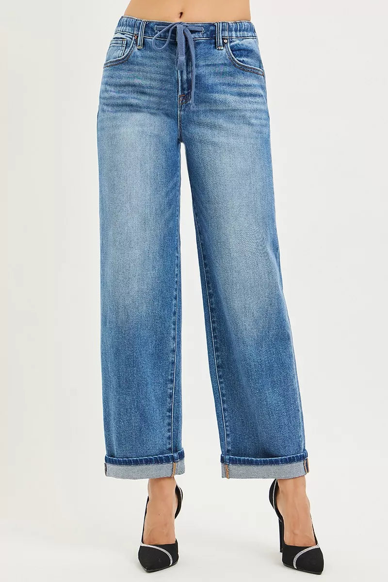 Hazel Blues® |  RISEN Elastic Band Slouch Ankle Boyfriend Cuffed Hem Jeans