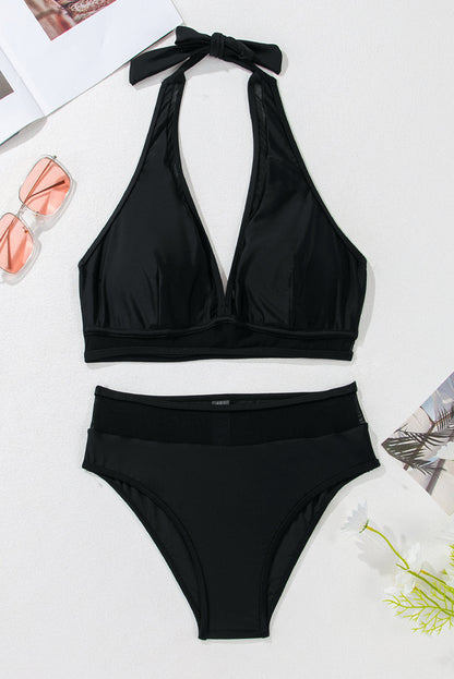 Hazel Blues® | Black Sheer Mesh Edged Halter V Neck Push Up Bikini