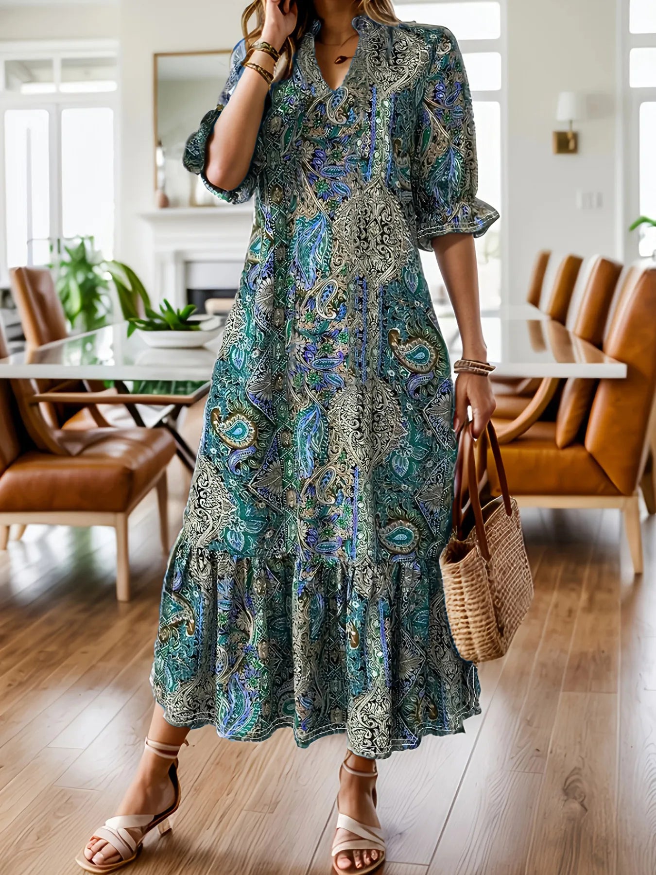Hazel Blues® | Bohemian Paisley Print Ruffle Hem Midi Dress