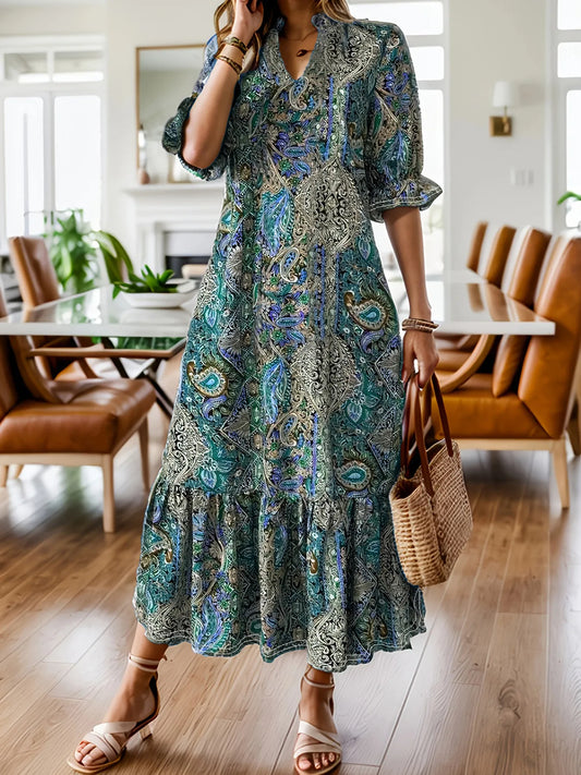 Hazel Blues® | Bohemian Paisley Print Ruffle Hem Midi Dress
